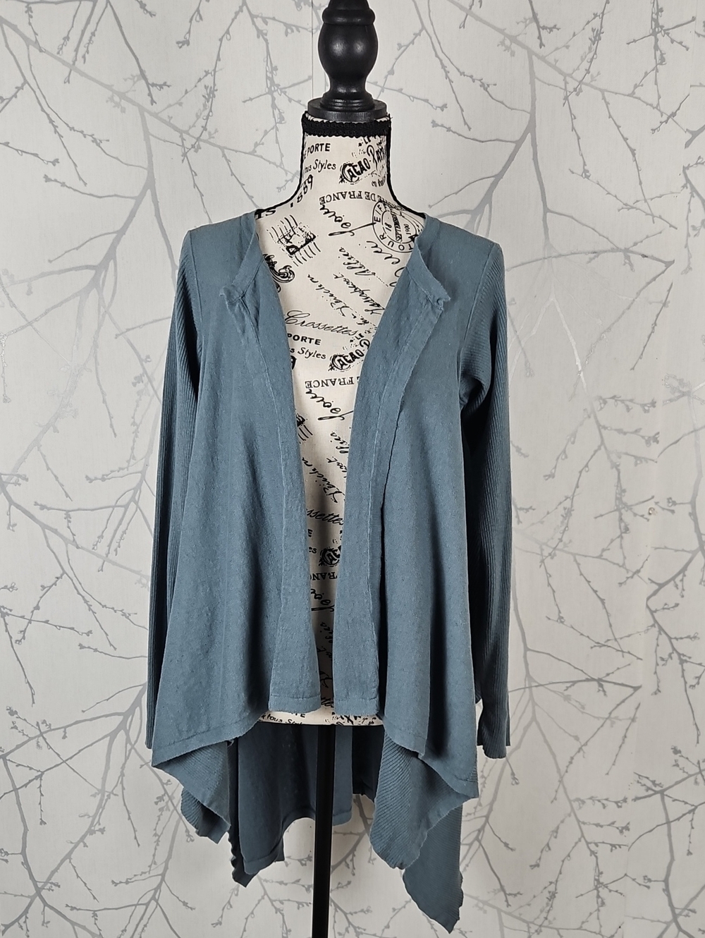 Bryn Walker Blue Cotton Linen Knit Asymmetrical Waterfall Cardigan